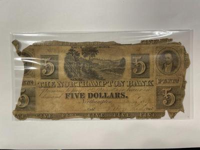 $5 1837 Northampton Pennsylvania PA Obsolete Currency Bank Note Bill RARE Issue in Heavily Circulated Condition. FREE DOMESTIC SHIPPING.