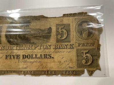$5 1837 Northampton Pennsylvania PA Obsolete Currency Bank Note Bill RARE Issue in Heavily Circulated Condition. FREE DOMESTIC SHIPPING.