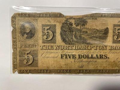 $5 1837 Northampton Pennsylvania PA Obsolete Currency Bank Note Bill RARE Issue in Heavily Circulated Condition. FREE DOMESTIC SHIPPING.