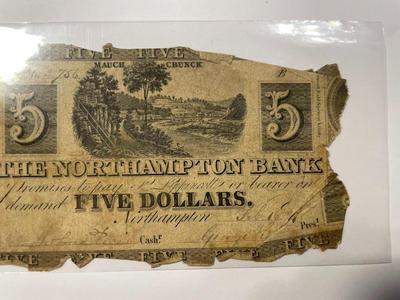 $5 1837 Northampton Pennsylvania PA Obsolete Currency Bank Note Bill RARE Issue in Heavily Circulated Condition. FREE DOMESTIC SHIPPING.