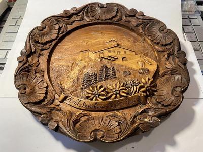 Vintage Scarce German Hitler's Eagle Nest Hideaway Carved Wood Composite Plate Hand-Painted 9" Diameter.