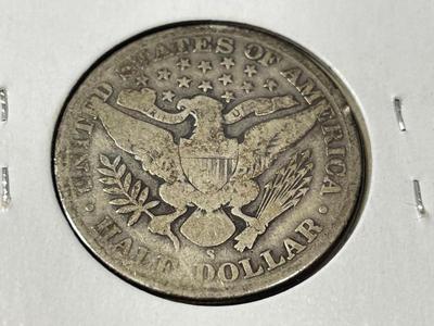 1911-S CIRCULATED CONDITION BARBER SILVER HALF DOLLAR AS PICTURED.