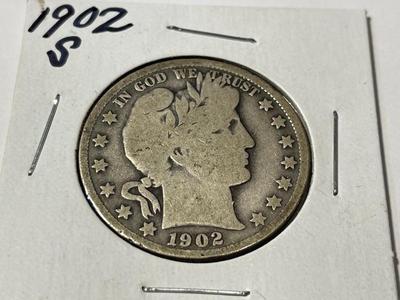 1902-S CIRCULATED CONDITION BARBER SILVER HALF DOLLAR AS PICTURED.