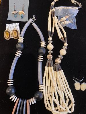 Bone/wood bead necklaces and earrings