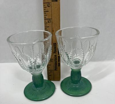 Vintage Emerald Accent Cordial Liqueur Glasses Clear & Green Stem Avon 1982, 2 glass set