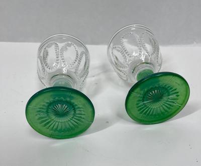 Vintage Emerald Accent Cordial Liqueur Glasses Clear & Green Stem Avon 1982, 2 glass set
