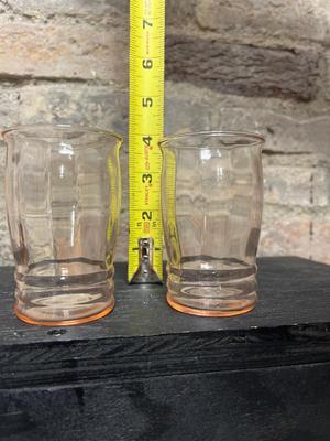 Depression glass pitcher, tumblers, juice glasses