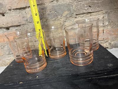 Depression glass pitcher, tumblers, juice glasses