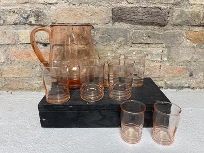 Depression glass pitcher, tumblers, juice glasses