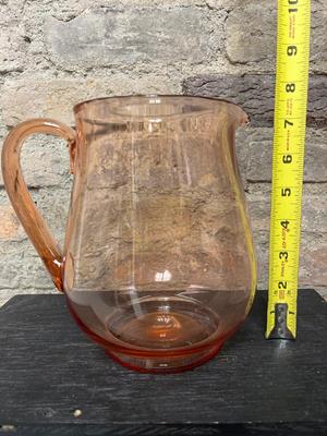 Depression glass pitcher, tumblers, juice glasses