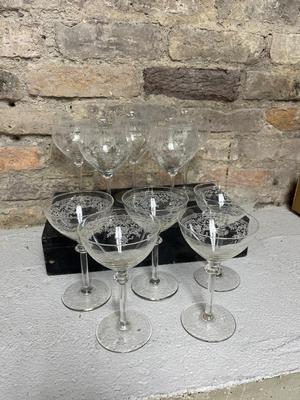 Sale Photo Thumbnail #59: Absolutely beautiful etched goblets, two different sets of five each. Fun to mix & match on your table!