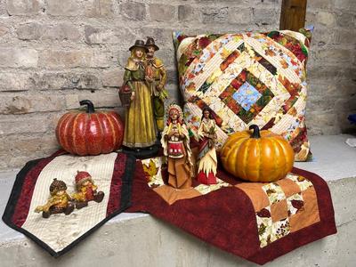 Sale Photo Thumbnail #84: Beautiful quilted pillow and runners, pairs of pilgrims and some pumpkins