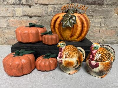 Sale Photo Thumbnail #94: Vintage Turkey S&P shaker/ sugar and creamer set, flat pumpkin set and metal pumpkin basket