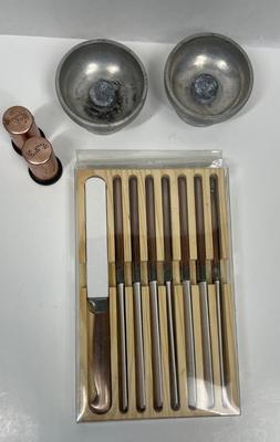 Vintage Metallic Kitchen Lot - copper knives, copper salt & pepper set, aluminum candle holder set