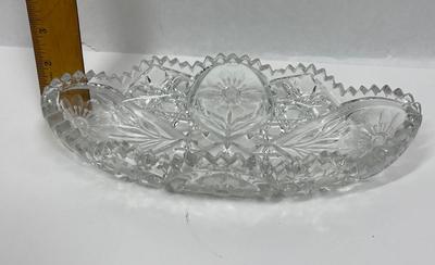 Vintage Cut Glass Relish Candy Dish scalloped and sawtooth Edges Bows and stars