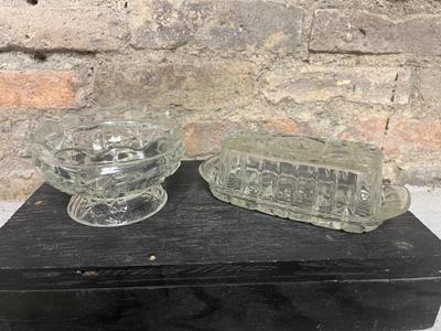 Sale Photo Thumbnail #138: Amber glass footed compote, anchor hocking pressed glass, miscellaneous candy dishes and tidbits