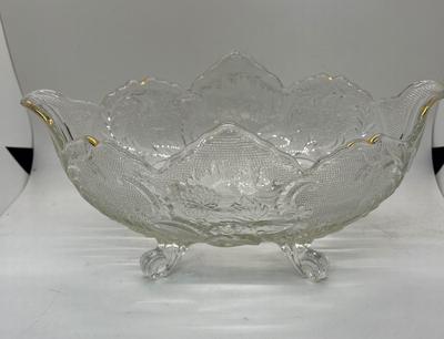 Jeanette Compote 4 footed oval clear with gold edges