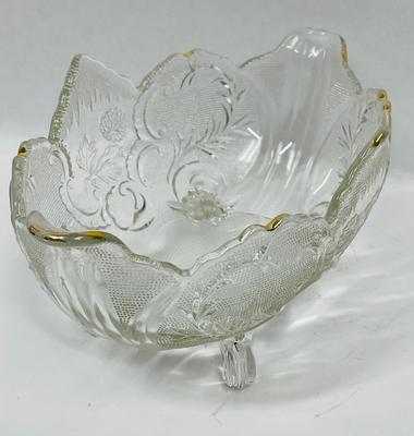 Jeanette Compote 4 footed oval clear with gold edges