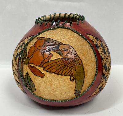 Hand Crafted Hummingbird Art Decorated Gourd by Bobbie