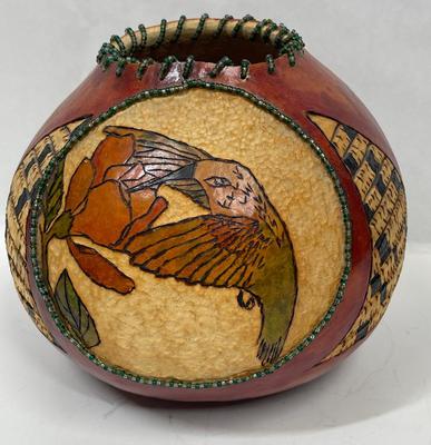 Hand Crafted Hummingbird Art Decorated Gourd by Bobbie
