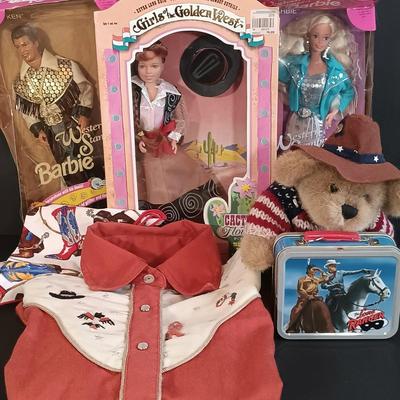 LOT 7: Vintage Elite Clothing Co. Cowboy Shirt, Western Stampin' Barbie and Ken, Lone Ranger Cheerios Tin & More