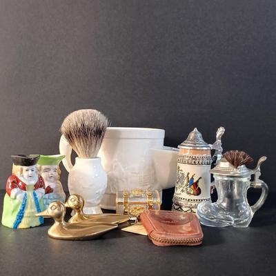 LOT 14: Wedgwood Devonshire Shaving Mug and Brush, Boot Stein Shot Glass, Mini Toby Jugs & More