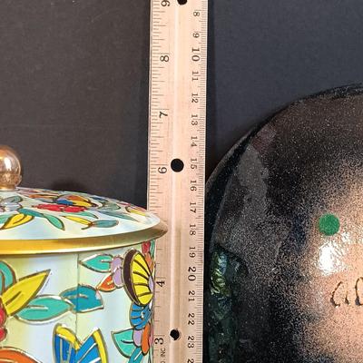 LOT 18: Vintage Framed Butterfly Taxidermy, Lily Alexander Signed Art Plate, Daher Tin & More