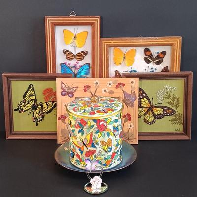 LOT 18: Vintage Framed Butterfly Taxidermy, Lily Alexander Signed Art Plate, Daher Tin & More