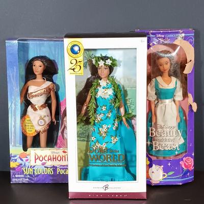 LOT 42: Disney's Sun Colors Pocahontas and 1992 Belle Doll w/ Barbie 'Dolls of the World' Princess of the Pacific Islands