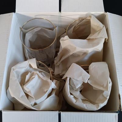 LOT 53: Set of (4) Waterford Marquis Gold Rimmed Champagne Flutes