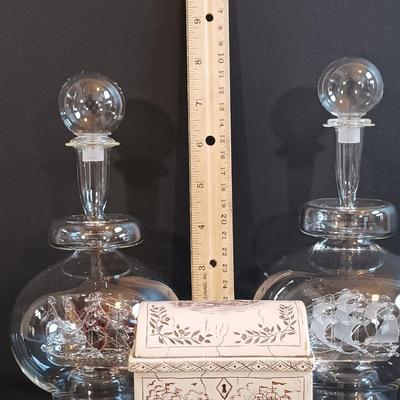LOT 54: Set of (2) Glass Ships in a Glass Bottle and Faux Scrimshaw Trinket Box