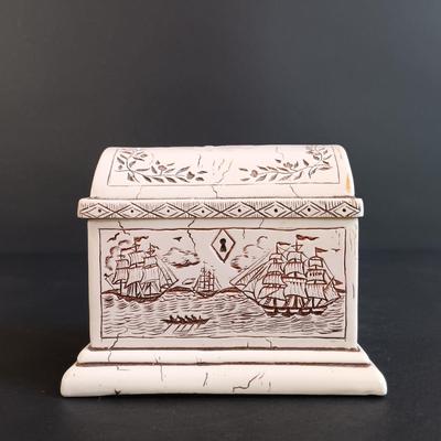 LOT 54: Set of (2) Glass Ships in a Glass Bottle and Faux Scrimshaw Trinket Box