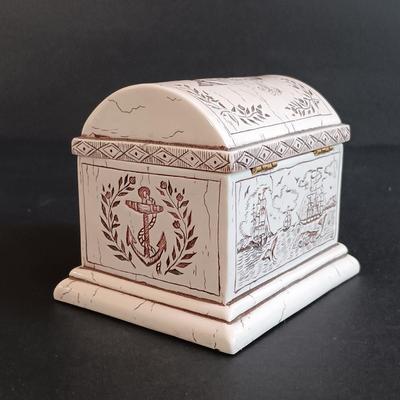 LOT 54: Set of (2) Glass Ships in a Glass Bottle and Faux Scrimshaw Trinket Box