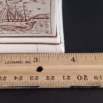 LOT 54: Set of (2) Glass Ships in a Glass Bottle and Faux Scrimshaw Trinket Box