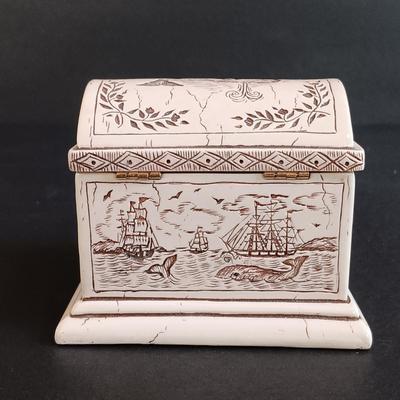 LOT 54: Set of (2) Glass Ships in a Glass Bottle and Faux Scrimshaw Trinket Box