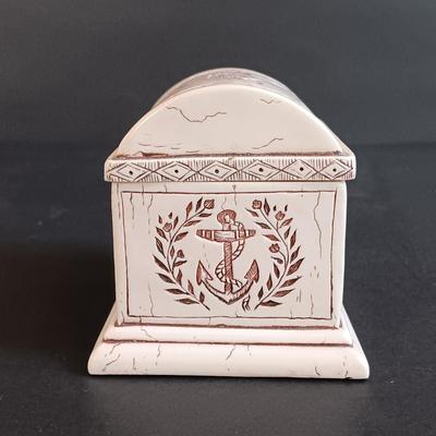 LOT 54: Set of (2) Glass Ships in a Glass Bottle and Faux Scrimshaw Trinket Box