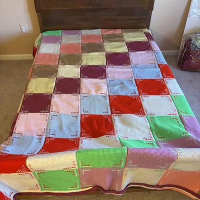 LOT 83: Hand Crocheted/Knitted Block Bed Cover/Blanket