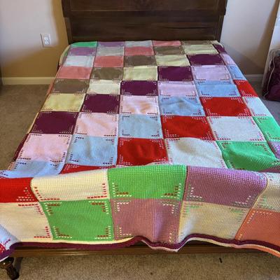 LOT 83: Hand Crocheted/Knitted Block Bed Cover/Blanket