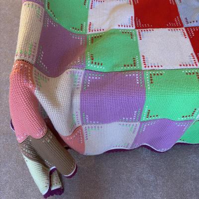 LOT 83: Hand Crocheted/Knitted Block Bed Cover/Blanket
