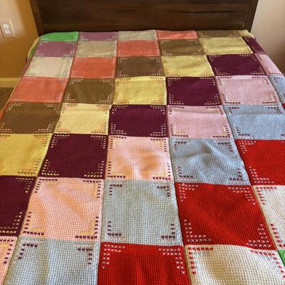 LOT 83: Hand Crocheted/Knitted Block Bed Cover/Blanket