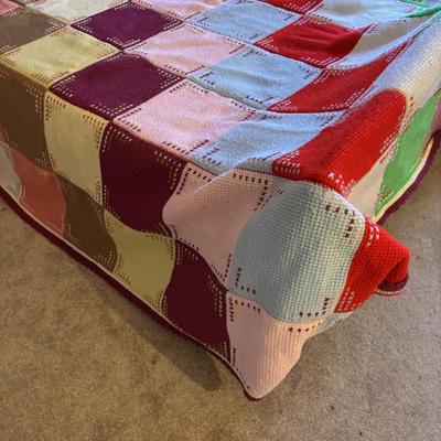 LOT 83: Hand Crocheted/Knitted Block Bed Cover/Blanket