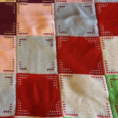 LOT 83: Hand Crocheted/Knitted Block Bed Cover/Blanket