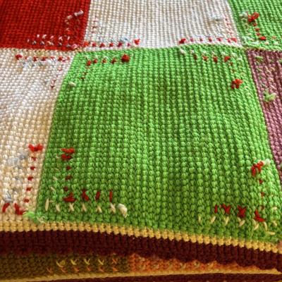 LOT 83: Hand Crocheted/Knitted Block Bed Cover/Blanket