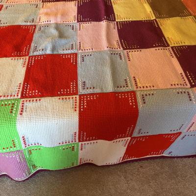 LOT 83: Hand Crocheted/Knitted Block Bed Cover/Blanket