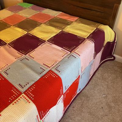 LOT 83: Hand Crocheted/Knitted Block Bed Cover/Blanket