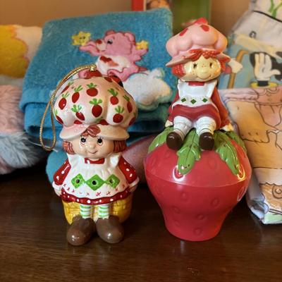 LOT 88: Vintage Strawberry Shortcake Doll, Popples Fuzzy Pillow Cover, Strawberry Shortcake Ornament, Strawberry Shortcake Music Box,...