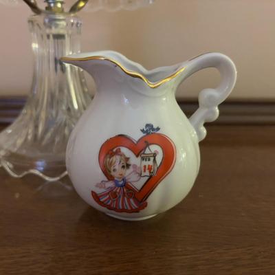 LOT 97: Vanity Collection: Crystal Night Light Lamp, Mirrored Vanity Tray, Hand Mirror, Brush, Comb Set, Lefton Pitcher & More