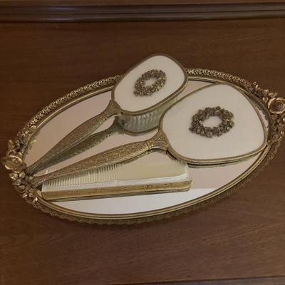 LOT 97: Vanity Collection: Crystal Night Light Lamp, Mirrored Vanity Tray, Hand Mirror, Brush, Comb Set, Lefton Pitcher & More