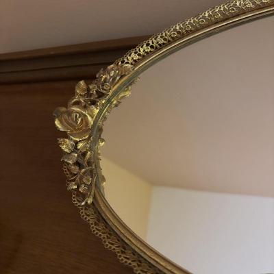 LOT 97: Vanity Collection: Crystal Night Light Lamp, Mirrored Vanity Tray, Hand Mirror, Brush, Comb Set, Lefton Pitcher & More