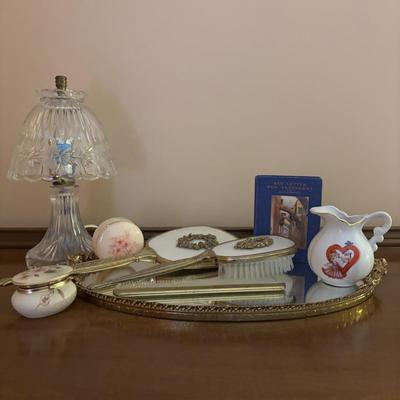 LOT 97: Vanity Collection: Crystal Night Light Lamp, Mirrored Vanity Tray, Hand Mirror, Brush, Comb Set, Lefton Pitcher & More
